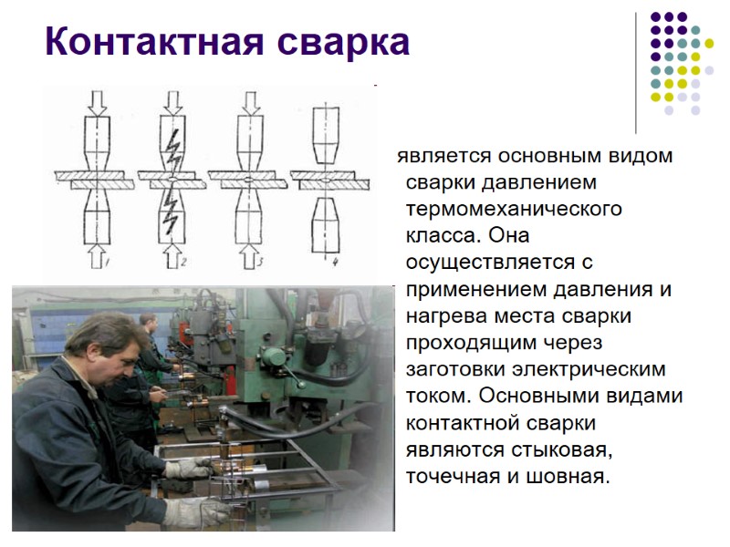 Контактная сварка    является основным видом сварки давлением термомеханического класса. Она осуществляется